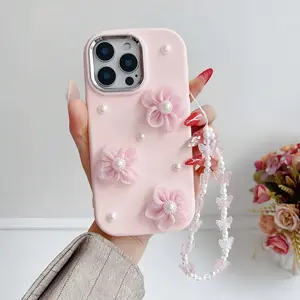 One Piece Cute Chubby Case Pearl Flower with Chain Phone Case, Cell Phone Accessories Compatible iPhone 15 14 13 12 11 Plus Pro Max/Compatible Samsung S21-S25 Series Pro Plus FE Ultra Series
