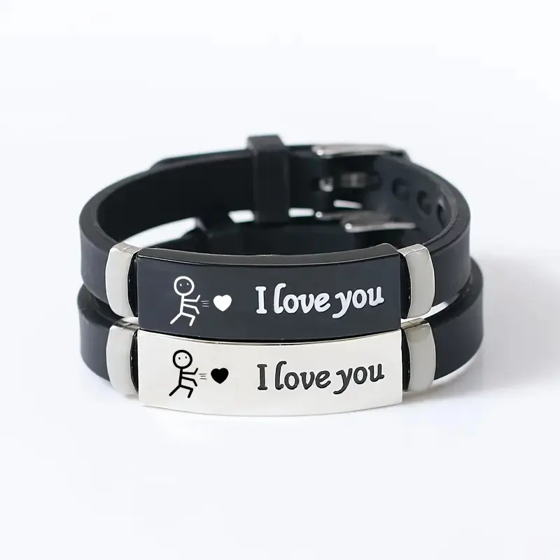 Couple Matching Engraved Love Silicone Bracelet Set - Adjustable Band, Black-Silver Wristbands with Stickman Heart Design, Copper Accents, Women's Fashion Accessory, Ideal for Valentine’s Day Daily Wear (1-Pair Set), Female Wear, Silicone Copper, Matching