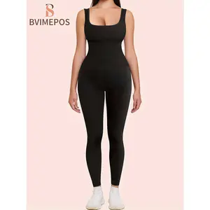 Women's Jumpsuit Square Collar Workout One-Piece Tights Ribbed Sleeveless Sports Jumpsuit Abdomen Control Yoga Tights