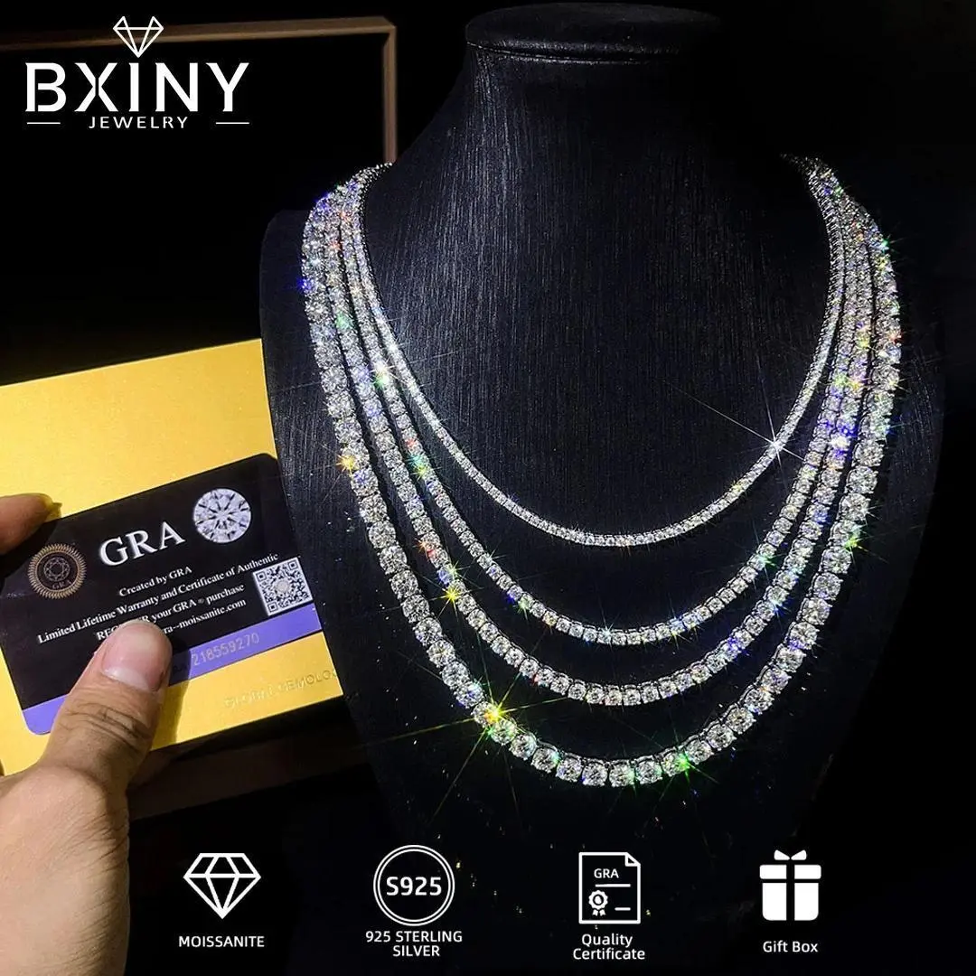 BXINY GRA Certified 3/4/5mm Moissanite Tennis Necklace   Silver Sparkling Lab Diamond for Women Men Hiphop Party Gift Jewelry