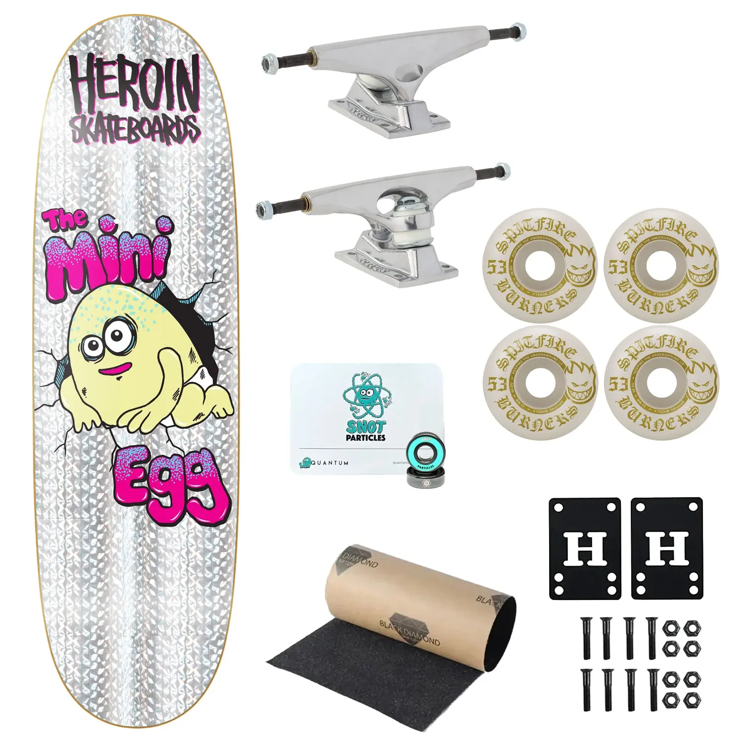 Heroin Premium Complete Skateboard Mini Egg Holo Foil 8.38" Ft. Krux/Spitfire/Quantum