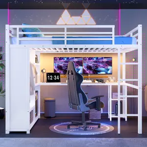 Queen Size Loft Bed Frame with Desk and Wardrobe, Heavy-Duty Metal Queen Loft Bed with Storage Shelves, Queen Storage Bed for Bedroom, No Box Spring Needed, Space Saving, White