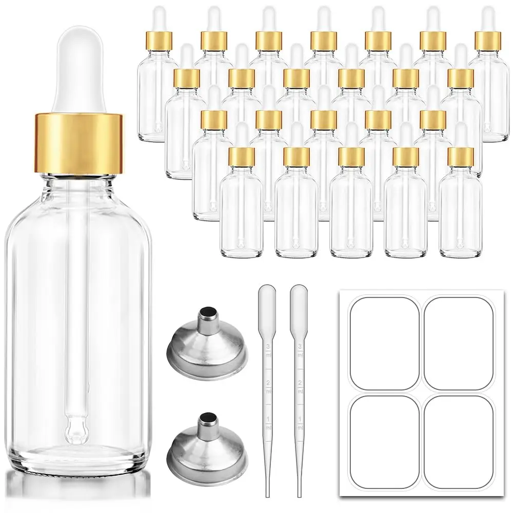 2 oz Dropper Bottle, 24 pack Clear Glass Eye Dropper Bottles with Golden Top Cap for Essential Oils, Tincture Bottle with Labels and Funnel