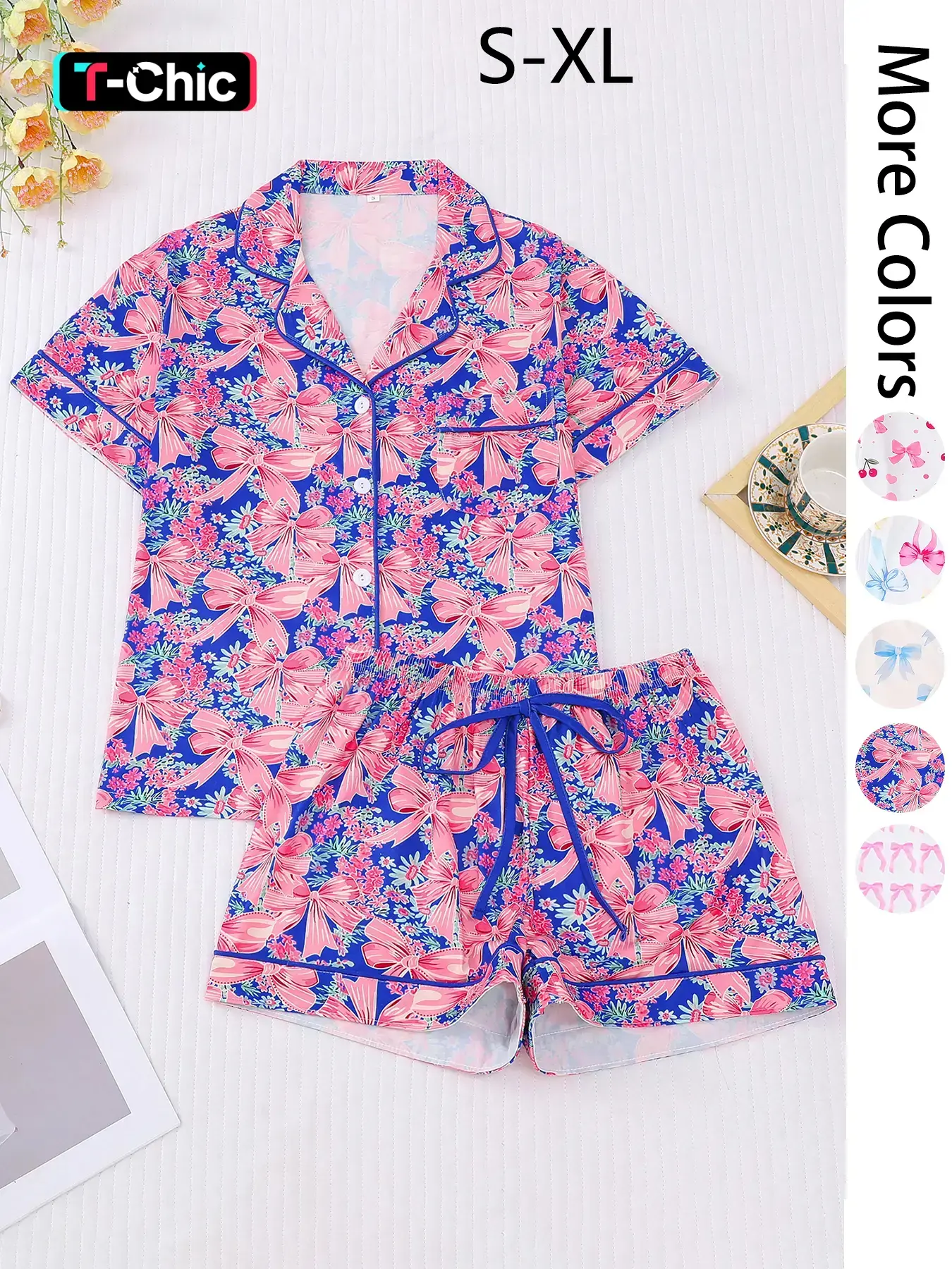 Women's All Over Print Button Front Pocket Shirt & Shorts Pyjama Two-piece Set, Casual Comfy Short Sleeve Collared Top & Shorts PJ Set, Ladies Summer Sleepwear Pajama Set, Pajamas