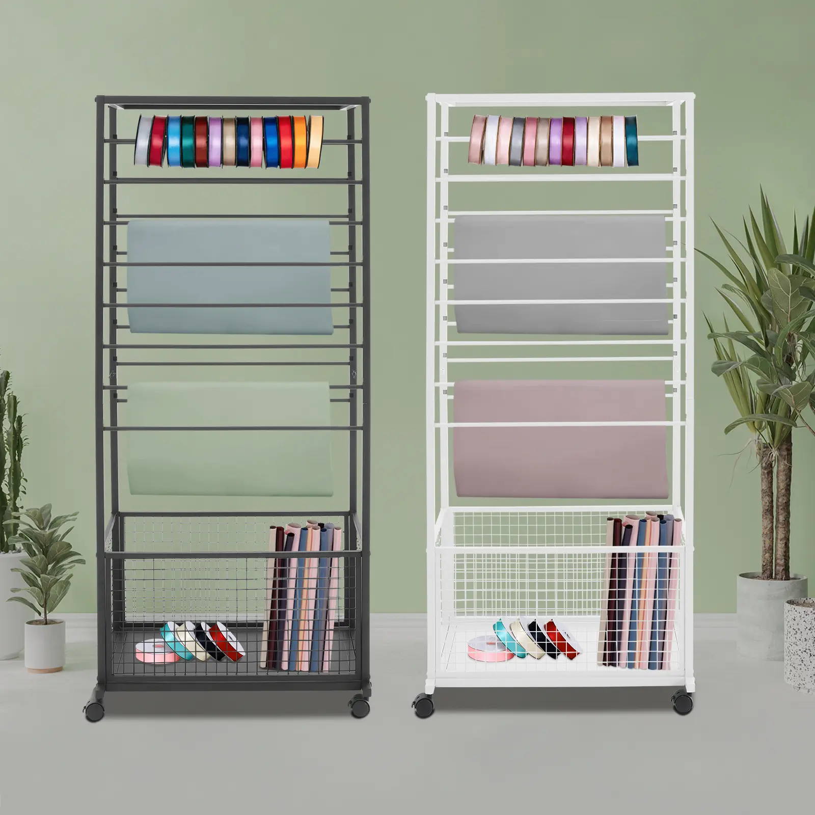 16-Tier Double-Sided Metal Rectangle Ribbon Organizer Rack - Baked Paint Freestanding Cart with Wheels, Durable Lockable Wheels, 50kg Capacity Home Organizer with Assembly Guide for Art Room Fabric Shop (Black, White, Room Accessories)