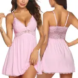 Avidlove Lingerie For Women Babydoll Nightgown Lace Chemise Modal Sleepwear Full Slip Sleep Dress, Deep V-Neck, Adjustable Straps, Sheer Lace Back, Honeymoon Valentine's Day Gifts
