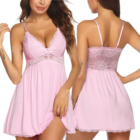 Avidlove Lingerie For Women Babydoll Nightgown Lace Chemise Modal Sleepwear Full Slip Sleep Dress, Deep V-Neck, Adjustable Straps, Sheer Lace Back, Honeymoon Valentine's Day Gifts