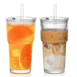 Vertical Ribbed Thickened Glass Cup with Lid and Straw, Large Capacity Water Mug, Milk Coffee Cup, Cold Drink Juice Dual Use, Vintage Style