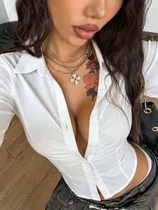 Women's Y2K Style Fitted Shirt Blouse, Casual Pleated Button Short Top, Perfect for Daily Streetwear, Trendy and Comfortable