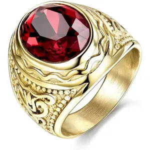 Engraved Stainless Steel Mens Ring Red Synthetic Ruby Crystal Gold Color Wedding Band Rings