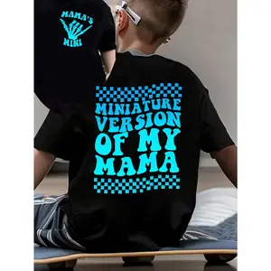 [Printed Tee]Boys' Breathable Cotton T-Shirt "Miniature Version of My Mama", Dual-Sided Graphic Print Tee, Black with Blue Lettering, Round Neck Short Sleeve Top, Soft Comfortable Machine Washable Casual Shirt for Kid ,Soft Cotton/ Comfy T-Shirt