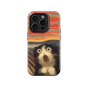 Scream Cat iPhone Smartphone Case, 2-in-1 Glossy Thick PBT+TPU Shockproof Cover with Heat Sublimation Full Wrap Print, Anti-Yellow Anti-Fade Protection, Cute Gift for Cat Lovers