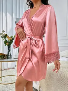 Women's Lace Trimmed Belted Robe Loungewear Nightwear Womenswear Gowns Lounge