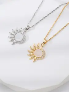 Sun Pendant Necklace & Silver Color, Boho Style, Stainless Steel Chain, Landscape Print, All Seasons Jewelry