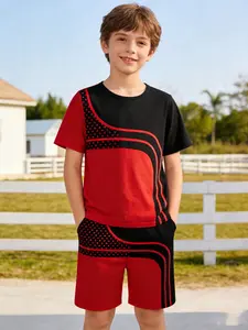 Boys' Patchwork Sports Clothing Set, Short Sleeve T-Shirt & Shorts, Casual Comfort Summer, Fashion Two-Piece Set