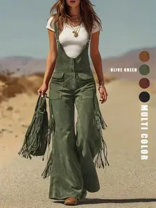 Women's Retro Vintage Faux Suede Fringe Wide-Leg Cargo Pants