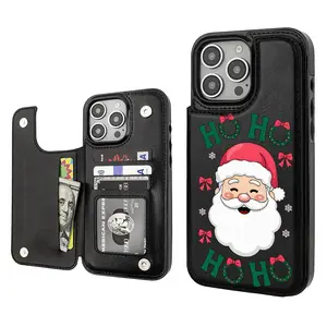 Merry Christmas Santa Claus Pattern Phone Cases Compatible For With iphone 17 16 15 14 13 12 PRO PLUS MAX AIR PU Black Brown Pink Durable Flip High quality Leather Credit Card Bag Holder Gift Wallet Shockproof Anti-Drop Full Protection Shell Cover