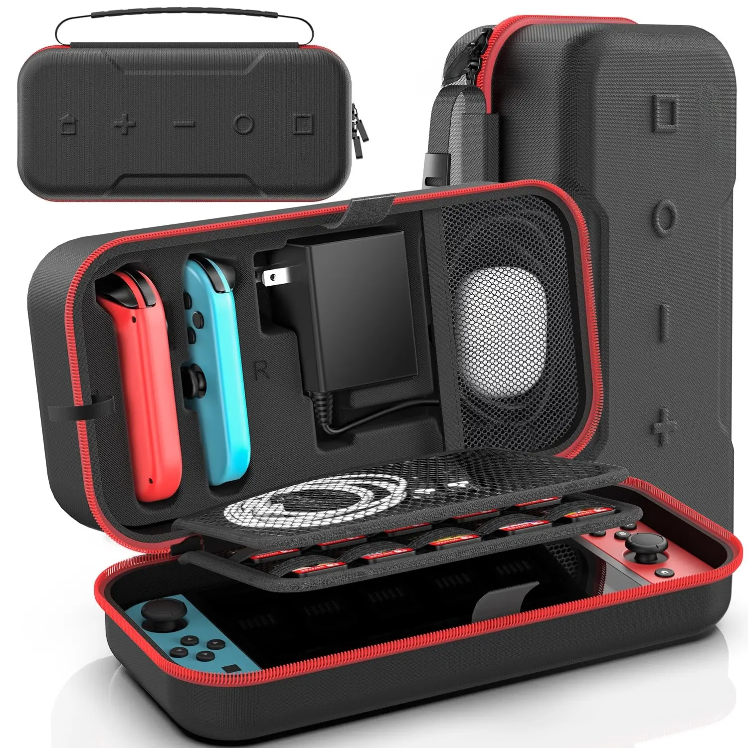 Z-PHP1 Hard Shell Organiser Case for Nintendo Switch & OLED, Lightweight Rubber-Polyester Fabric Travel Bag with Zipper, 20 Game Slots, Joy-Con & Adapter Storage, Hook And Loop