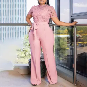 2025 plus size summer women's solid color sexy lace lace hollow short sleeves straps high waist wide leg jumpsuit womens Elegant Chic