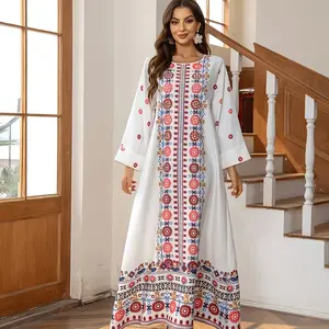 Elegant Middle Eastern Long Robe for Women - Vibrant Geometric Print, White with Red, Pink & Blue Accents, Full-Length Arabian Dress, Lightweight Polyester, Perfect for Spring/Summer