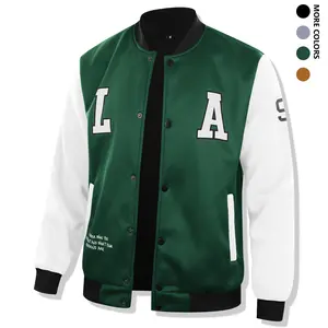 Men's Casual Letter Print Color Block Varsity Jacket, Chic Style Baseball Collar Jacket