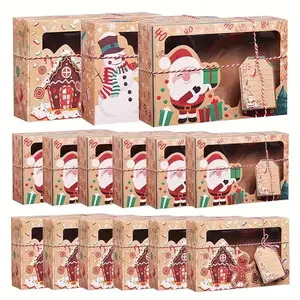 Kraft Paper Christmas Cookie Gift Boxes Set – Includes Boxes, DIY Tags & Ribbons – Holiday Party Favor Packaging, Xmas Bakery Treat Boxes for Gifts & Celebration, Themed Gift Box
