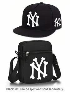 Fashion Letter Pattern Print Set, Unisex Flat Brim Hip-Hop Baseball Cap and Crossbody Bag, Street Style Outdoor Sports Hat and Bag
