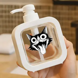 Playful Cat-Themed Pump Dispenser Bottle with One-Touch Push-Pump - Refillable Soap/Lotion Container for Bathroom/Kitchen, Cute Black and White Cartoon Design - Ideal for Cat Lovers