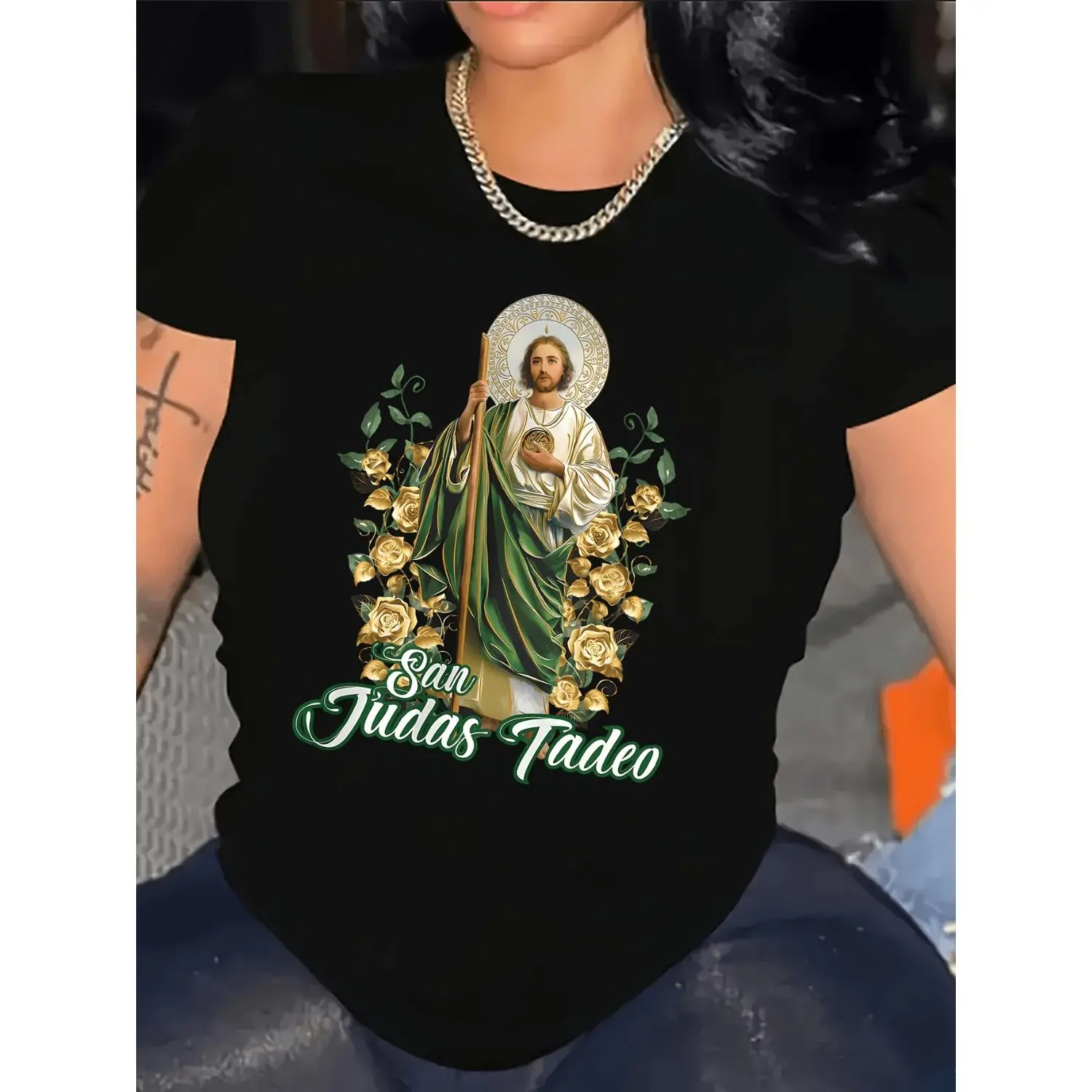 Women's Saint Jude Graphic Tee - 100% Breathable Cotton, Short Sleeves, Round Neck, Knot Detail, Fitted S–5XL Inclusive Fit, Gym-to-Home Wear, Brunch-Ready Casual Everyday Top, Breathable Fabric