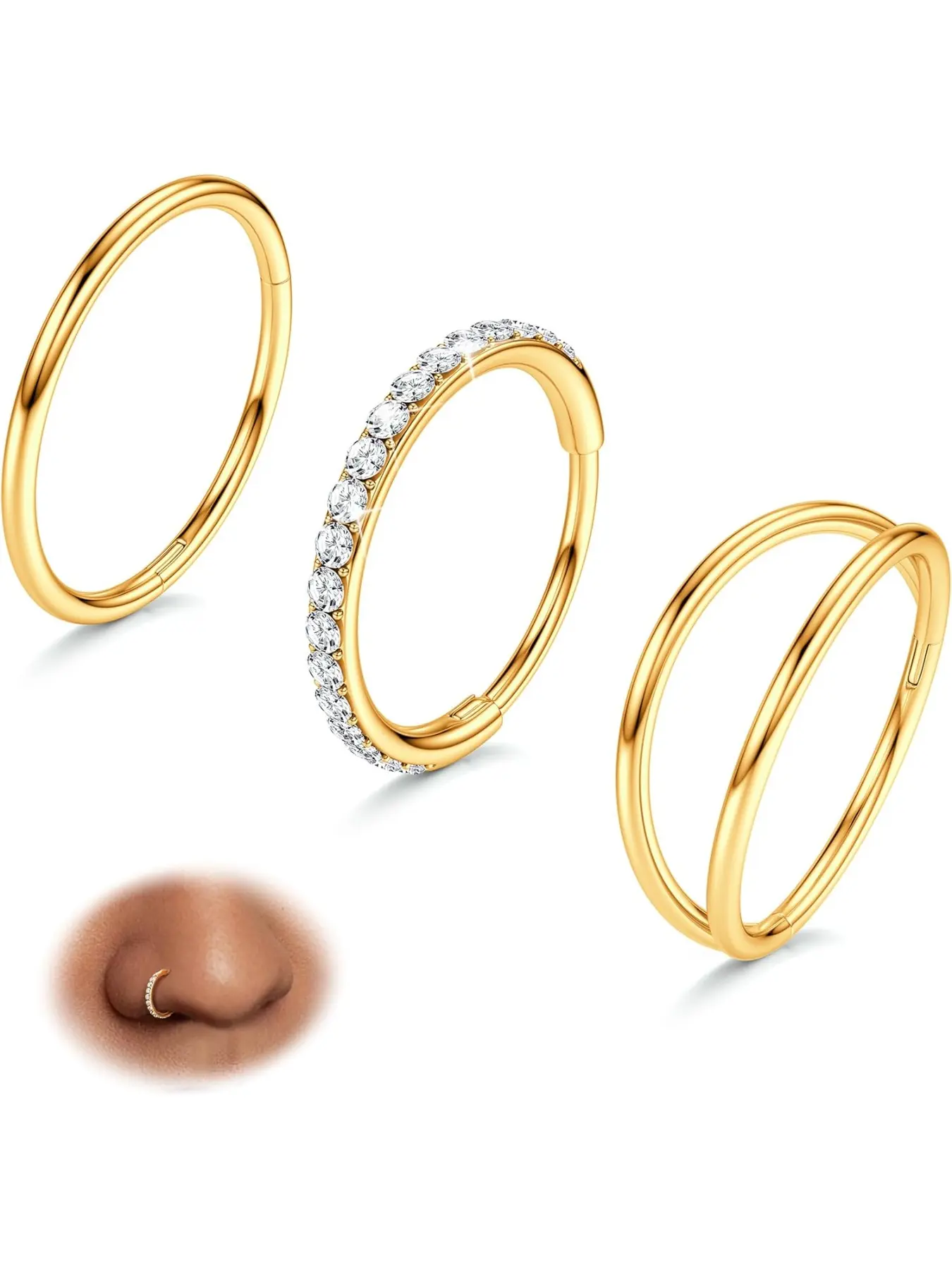 3pcs Nose Rings Hoops - Double Hoop Nose Ring 14/16/18/20G Hinged CZ Body Piercing Jewelry Septum Clicker Rings Cartilage Earring Helix Pierced Ring Rook Tragus Daith 7mm/8mm/9mm/10mm High Quality Jewelry