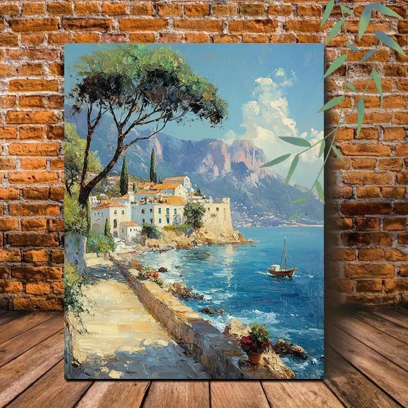 1pc Decorative Wooden-Framed Mediterranean Seascape Canvas Art Print - Vibrant Coastal Town Sailboat Scene, Hangable Ready-to-Hang Wall Decor for Living Room, Bedroom Home Supplies, Seascape Scene