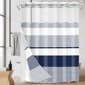 No Hook Navy Blue Shower Curtain with Snap in Fabric Liner Set, Boho Striped Modern Double Layers  Fabric with See Through Top Window Open Grommet Bath Curtain 71x74 Inch
