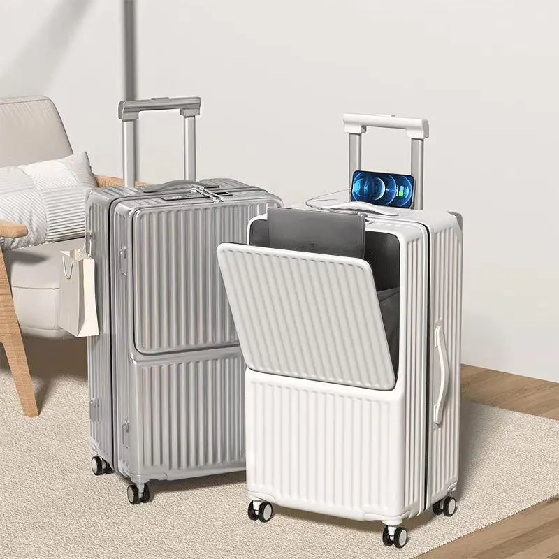 Multi-Functional Durable High-Capacity 4-Wheel Luggage Set Travel Bundle, Including Travel Bag, 30in Moving Suitcase, 20in Front-Opening Carry-On Trolley with Charging Interface & Cup Holder