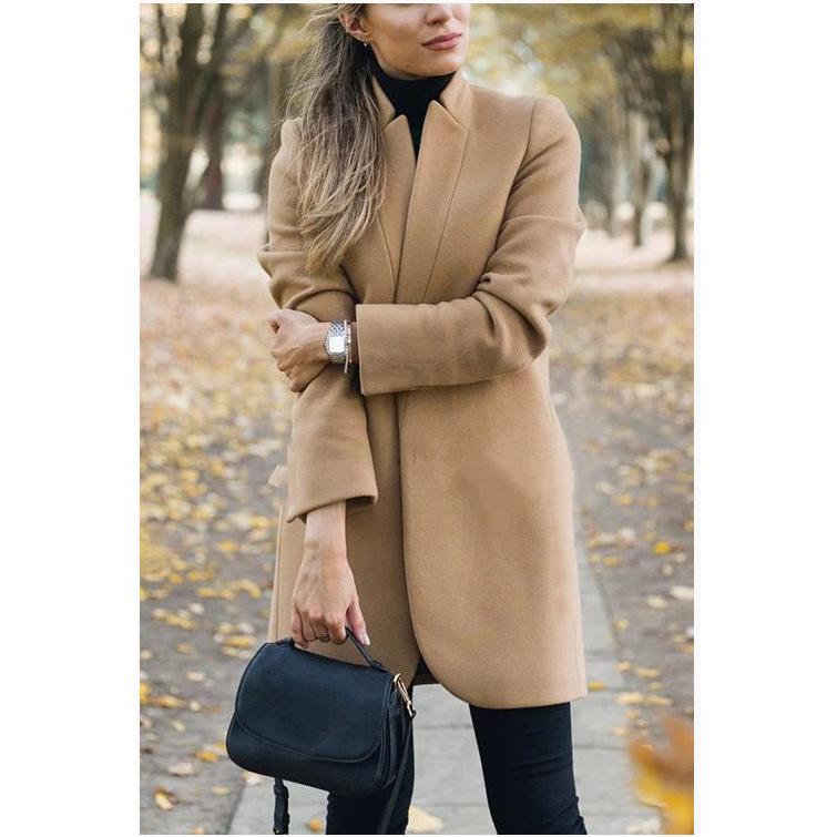 Women's Solid Color Collar Long-Sleeve Woolen Coat, Basic Navy Style, Polyester-Blend Fabric Women's Solid Color Collar Long-Sleeve Woolen Coat, Basic Navy Style, Polyester-Blend Fabric