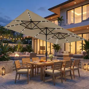 15 FT Large Patio Umbrella with Solar LED Light, Double Sided Rectangle Umbrella with Crank Handle for Patio, Backyard, Garden, Pool, without Base