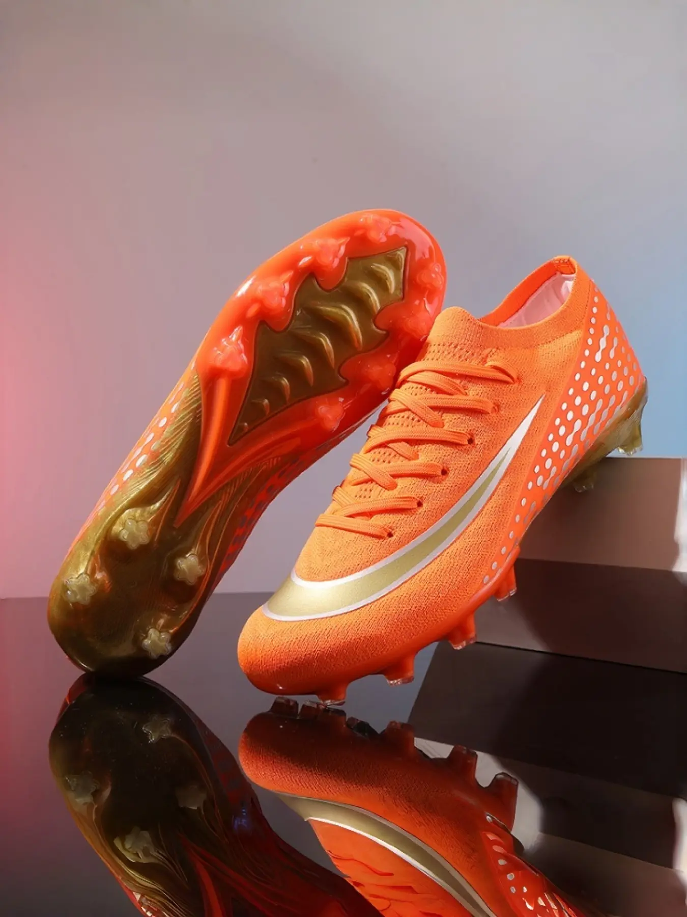 Unisex Orange-Gold Neon Accent Soccer Shoes: Bold Identity Style, Gold Accents, Transparent Outsole, High-Top Sock Collar. Ideal for match visibility/trendy gameplay