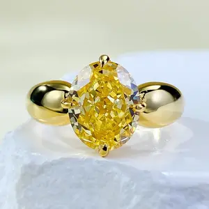 S925 Sterling Silver Yellow Ice Flower Cut Oval Ring 8*10mm 8A Cubic Zirconia Ring-377