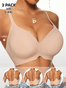 Women's No Underwire Bra, Sexy V-Neck Design, Detachable Pads, Adjustable Straps, Comfortable Breathable, Elegant, Daily Commute, All Seasons, 3 Pack, 4 Colors, Lingerie