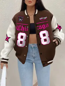 Women's Fashion Letter Print Casual Baseball Jacket Coats, Patchwork Design with Button Details, Long Sleeve, Perfect for Fall & Spring