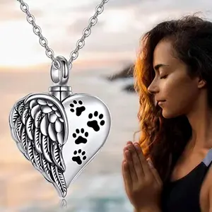 Heart-shaped dog paw print perfume bottle pendant necklace, pet couple urn memorial necklace