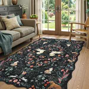 Retro Floral Edged Rug, Floral Pattern Rug, Decorative Rug, Floral Area Rug, Creative Plush Non-Slip Carpet for Living Room & Bedroom, Foldable Easy-Clean Home Decor