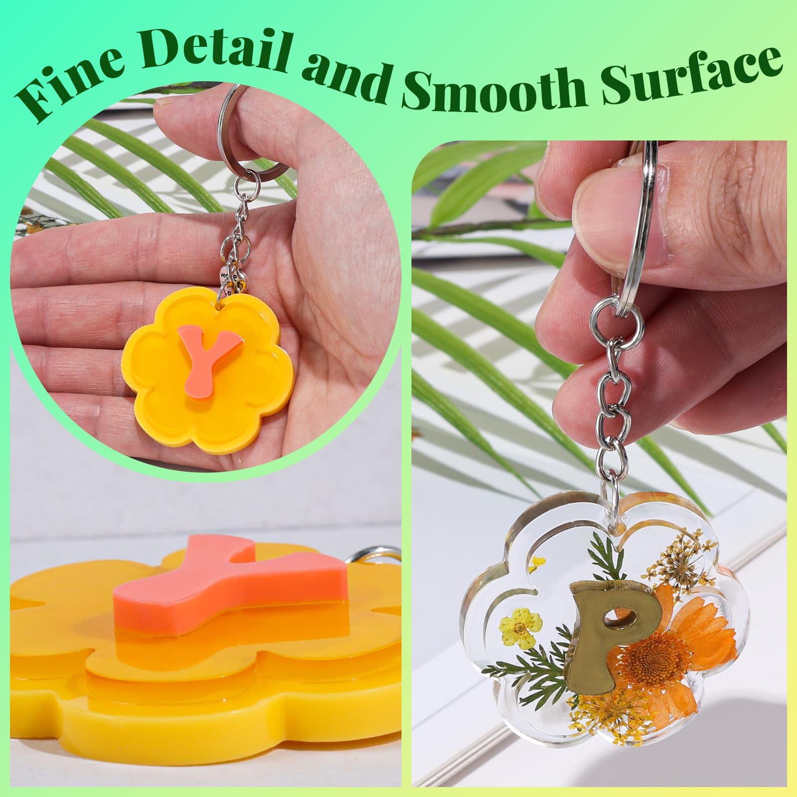 Keychain Resin Molds Silicone with Hole, 27 Cavities Flower Alphabet UV Resin Jewelry Pendant Molds kit for Beginner, Letter Epoxy Resin Molds for Keychain Pendant Jewelry Making - LET'S RESIN