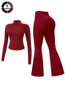 Women's 2-Piece Sportswear Set, Long Sleeve Slim Fit Top & High Waist Tight-Fitting Pants, Yoga Gym Running Comfortable Breathable, Sweatsuit Set