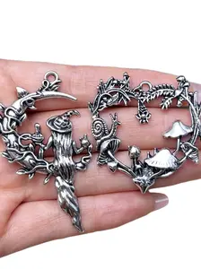 2pcs Vintage Gothic Bohemian Nature Witch Crescent Moon Heart Mushroom Whimsical Pendant DIY Necklace Sweater Chain Jewelry Accessory