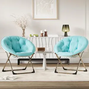 Garvee Large Oversized Saucer Chair with Soft Furry Padded Flower Design, Metal Frame Folding Lounger for Adults, Ideal for Bedroom, Living Room, Home Office, Blue