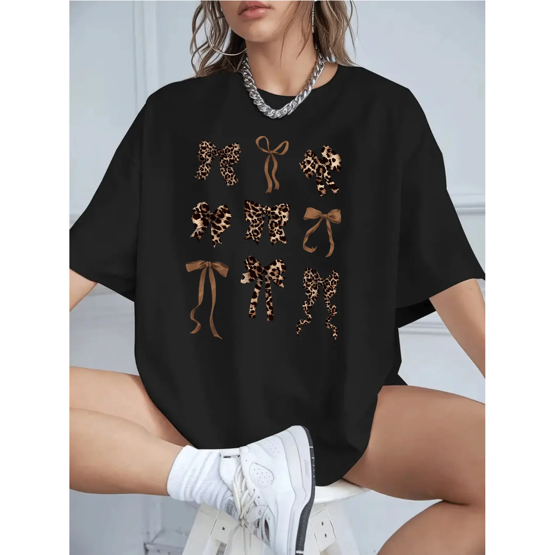 Women's Cotton Graphic Tees - Round Neck, Short Sleeve, Loose Fit, Allday Airflow, Black Floral/Leopard Print, Casual Fashion Comfy Summer Daily Top, Plus Size Shirts for Women