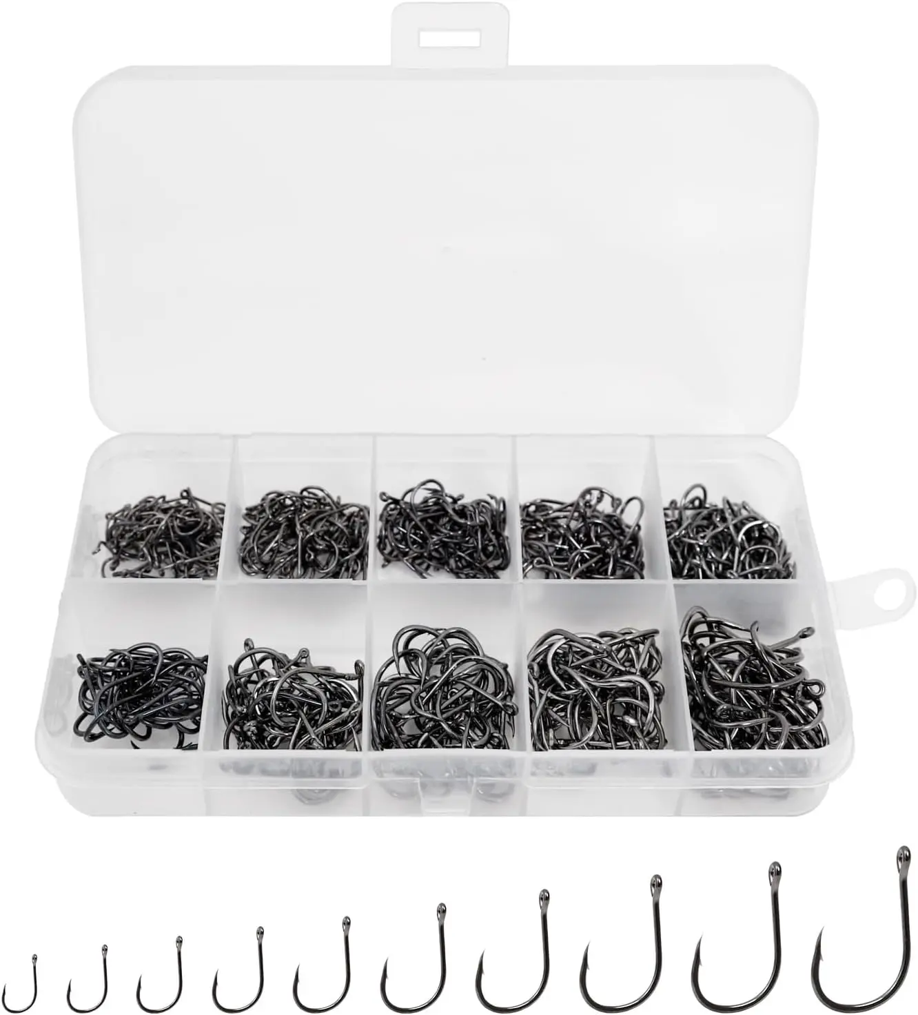UCEC 500pcs Small Fishing Hooks for Fishing Fishing Hook Set Freshwater Saltwater Gear Tackle, High Carbon Steel 10 Different Sizes in a Plastic Box for Catfish Trout Bait Fishing Color Black or Gold