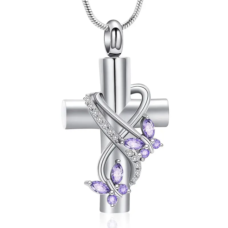 Silver purple cross with butterfly diamo