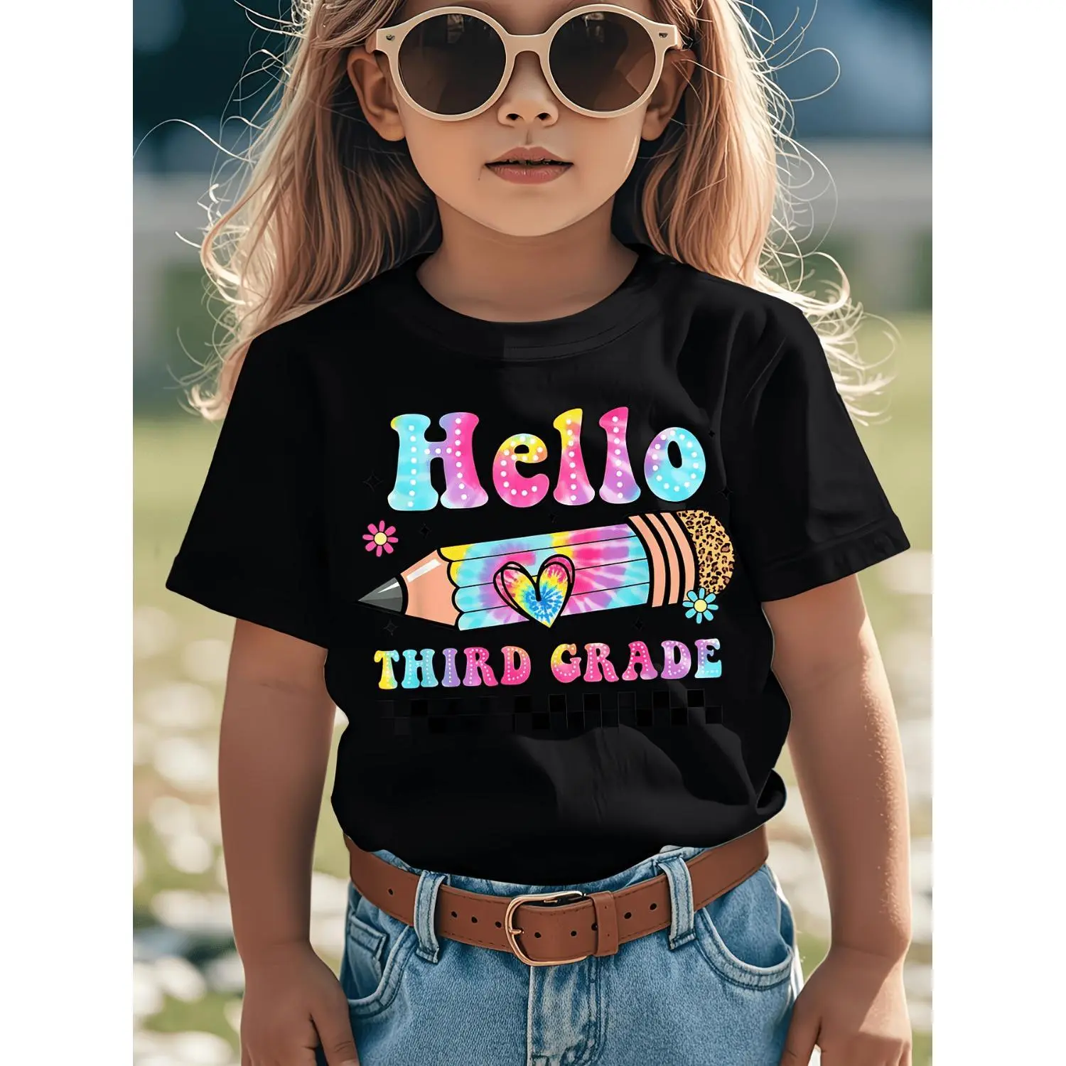 Hello 4rd Grade Tie-Dye Graphic T-Shirt - Back to School Third Grade Outfit with Leopard Print & Pencil Design, Short Sleeve Round Neck Casual Fit, All-Season for Boys & Girls, Trendy First Day of School Clothes