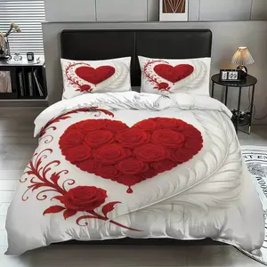 Rose Heart Feather Bedding Set, 3 Piece (1 Fitted Sheet, 2 Pillowcases), Valentine's Day Print, Skin-Friendly Fabric, Easy Clean, Decorative Bedding Set